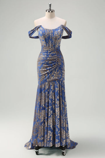 Grey Blue Mermaid Off the Shoulder Corset Long Burnout Velvet Dress